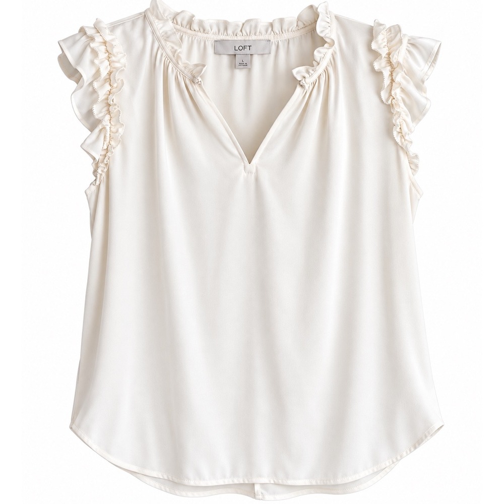 NWT LOFT Ivory Ruffle Blouse Large Flutter Sleeve Workwear Quiet Luxury